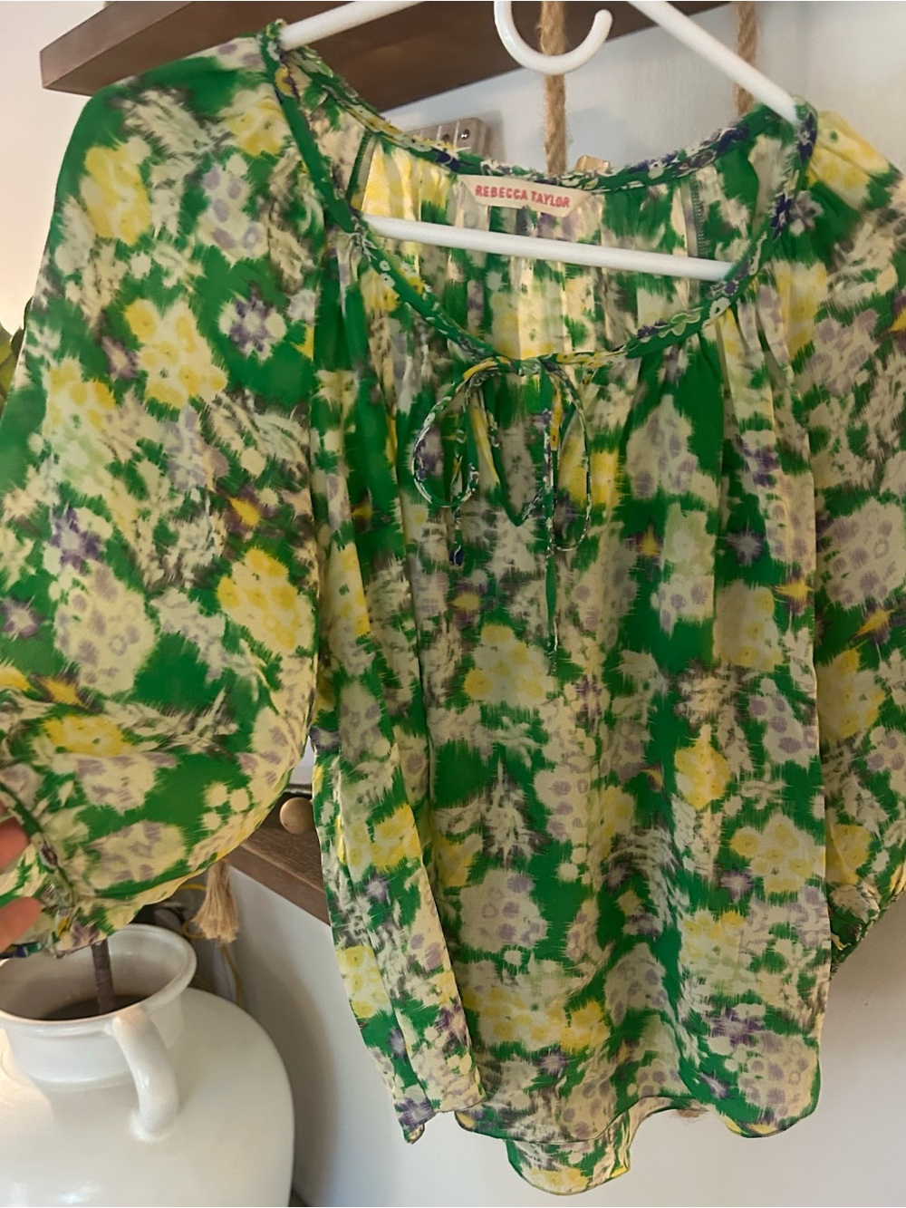 Rebecca Taylor Green Yellow Floral Tie-Neck Blouse